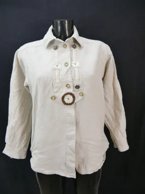 Gr.46 Trachtenbluse beige Bluse Solo Leinenmischung mit Stickerei Borte TB6614